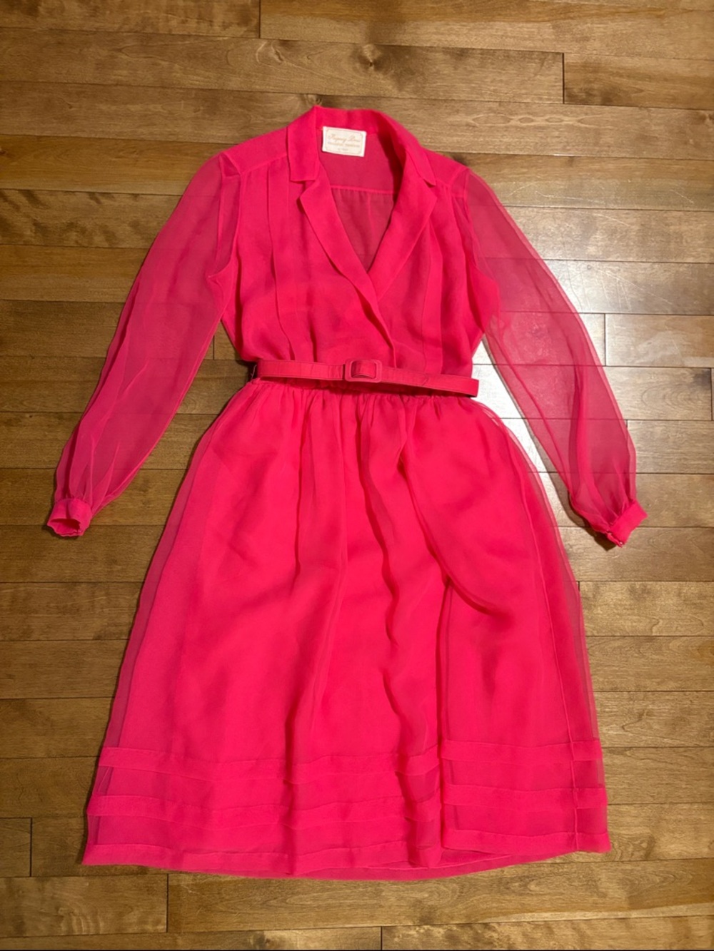 Vintage Sheer-Sleeve Hot Pink Belted Midi Dress